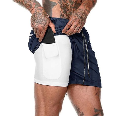 Short de sport 2 en 1 pour homme, idéal pour la course, la salle de sport et l'entraînement. Séchage rapide. Taille 3XL. Bleu foncé. (1/3)