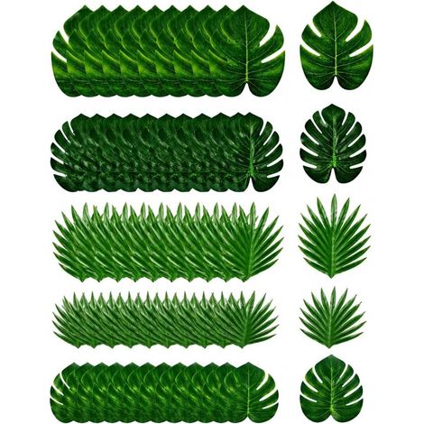 Künstliche Palmenblätter – 50er-Pack – Seide und Stoff – Tropische Dekoration – Hawaii-Party, Hochzeit – 5 Größen, Grün (1/5)