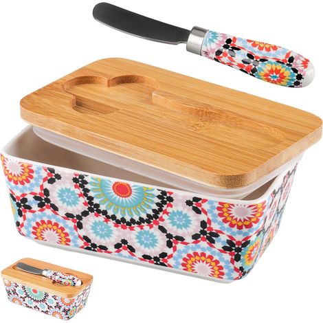 Boîte à Beurre en Céramique avec Couvercle Bambou et Couteau Couteau à beurre intégré, lavable au lave-vaisselle, décoratif, idéal pour petits morceaux de beurre ou portions maison. (1/5)