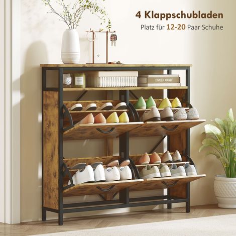Meuble de rangement pour chaussures 4 tiroirs inclinables, profil mince, étagère ouverte, capacité 12-20 paires, acier, couleur marron (1/4)