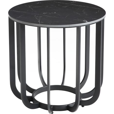 KLODIE - Bout de Canapé Rond Plateau Céramique Marbré Cadre Métal Gris Anthracite (1/2)