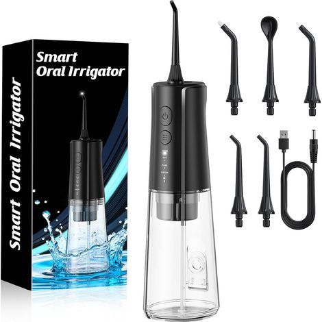 Jet Dentaire Hydropulseur Portable DIY, Hydropulseurs et Irrigateurs 5 Modes et 3 Intensités, Réservoir 300ML et Base Amovible, USB Chargé, Étanche IPX7, Sans BPA, Silencieux (Noir-01) (1/5)