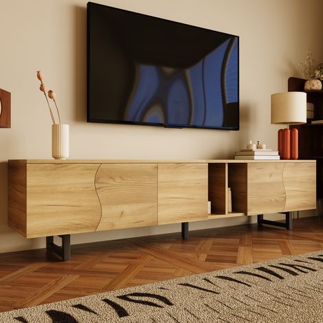 Meuble TV bas avec 5 portes et étagères, pieds en métal , MDF & panneaux de particules, naturel, 191×38×46,5 cm (1/5)