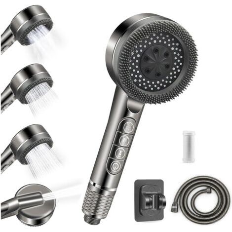 Pommeau de douche haute pression, pommeau de douche économique en eau avec 4 jets, traitement anticalcaire, flexible de douche de 1,5 m avec support, gris (1/5)