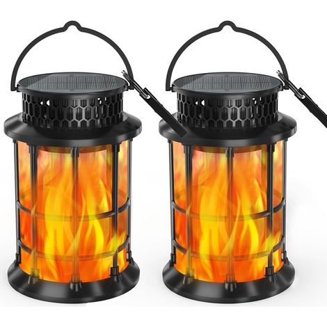Lot de 2 lanternes solaires extérieures étanches - Effet flamme vacillante - Lampes solaires suspendues - Décoration de jardin et terrasse (1/5)