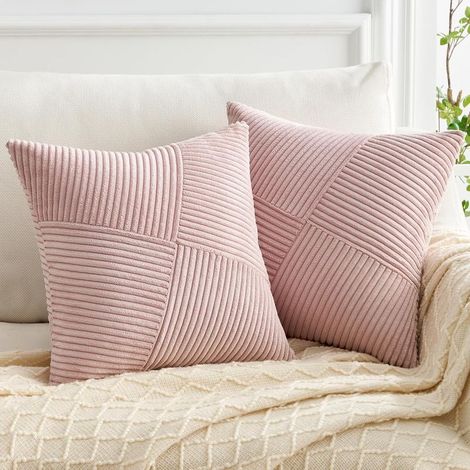 2 housse de coussin, velours côtelé rose, 45x45 cm, motif rayures patchwork, décoration salon chambre canapé (1/5)
