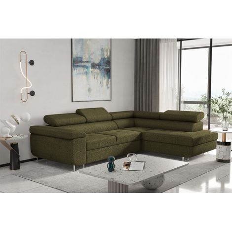 Ecksofa Sofa JADE Stoff Ascot Olivgrün mit Schlaffunktion Ottomane Rechts (1/2)