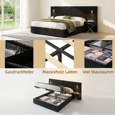Coffre de lit réglable avec fonction de rangement / 266205117 cm (L/l/H) / Coffre en velours côtelé vertical avec tête quiltée / Deux bancs de lit inclus / Deux lampes LED latérales / Montage facile (1/5)