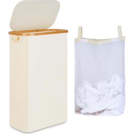 Wäschekorb mit Deckel, 60 l, schmaler Schmutzwäschekorb mit herausnehmbarem und waschbarem Innenbeutel, Wäschekorb aus Bambus, faltbarer Wäschekorb für Waschküche, Schlafzimmer (Beige) (1/5)