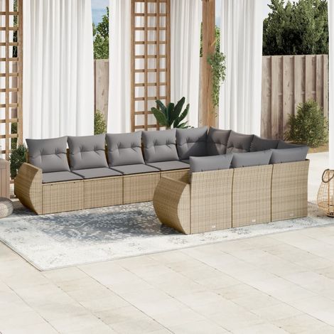 Ensemble Salon Jardin 10 Places Résine Tressée Beige avec Coussins Gris Modulable Rangement Intégré (1/3)