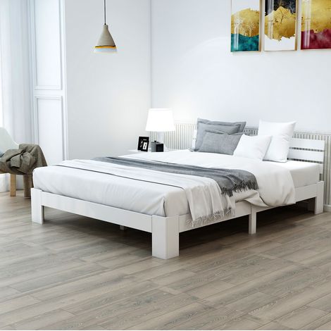 Letto matrimoniale rustico 140x200 cm in legno massello bianco con testiera e rete a doghe (1/5)
