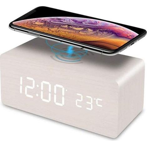 Réveil Numérique Bois avec Chargeur sans Fil, Réveil Numérique en Bois avec Affichage LED de l'Heure, de la Température, Contrôle Sonore pour Bureau de Chambre (blanc) (1/5)