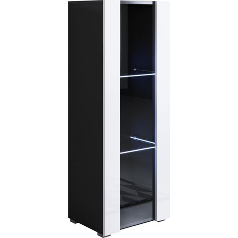 Vitrina con Patas 2cm  Armario  Mueble de Salón  Vitrina de pared  LED  1 puerta  40x128x29cm  Modelo Luke V2  Negro y Blanco brillo