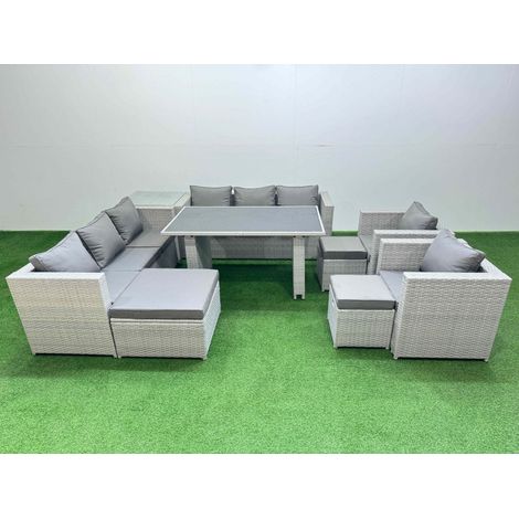Fimous 11 Seater Wicker PE Rattan Furniture Outdoor Dining Table 3 Seater Sofa Armchair Set with Side Table 3 Stools Light Grey (1/5)