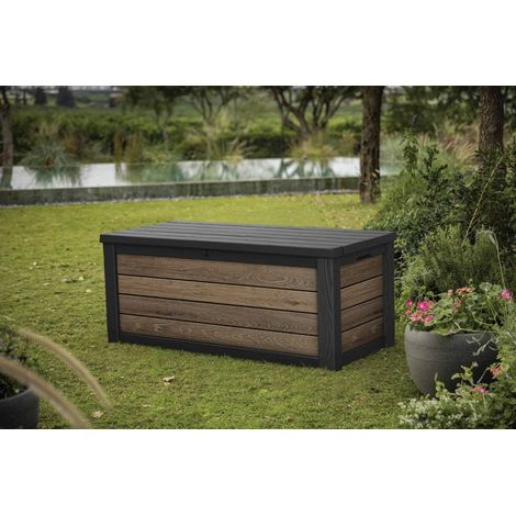 Dmora - Cassapanca outdoor Mondolfo, Baule da giardino, Contenitore da esterno, Panchina contenitore da esterno, 152x73 h70 cm, Noce (1/5)