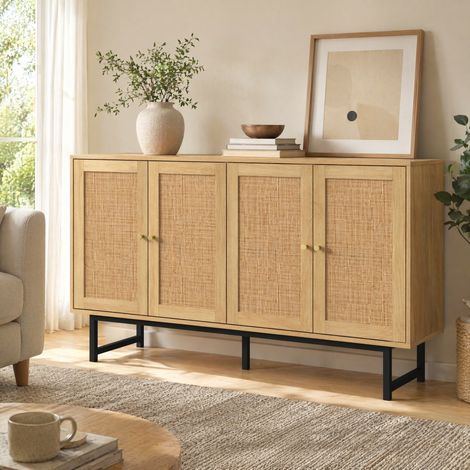 Aparador 140 x 39,5 x 80 cm con 4 puertas en ratán natural, color madera HAVRYA (1/5)
