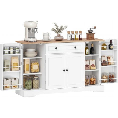 Credenza da cucina, mobile contenitore con cassetto, 4 ante, ripiani regolabili e 6 scomparti, 138x40x83,5 cm, bianco