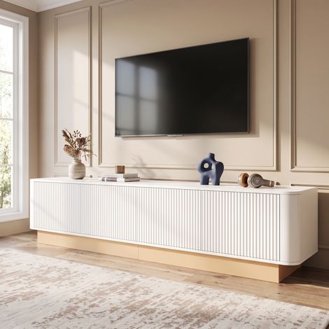 Meuble TV 200 cm avec 4 Portes et Étagères Réglables, Style Moderne Minimaliste, Blanc (1/5)