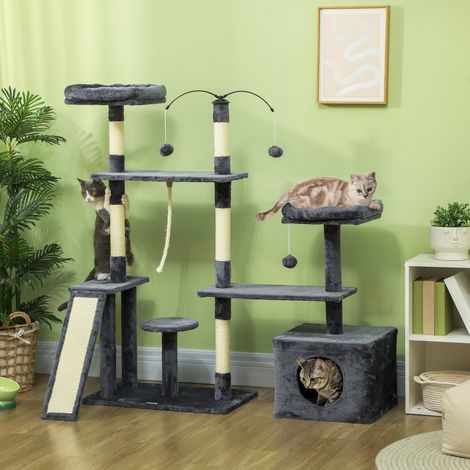 Rascador para Gatos 134 cm Torre para Gatos con Nidos Plataformas Bolas de Juguete y Postes de Sisal Gris Oscuro (1/5)