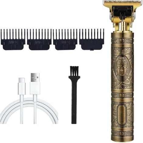 Tondeuse à cheveux rétro T9 pour homme, sans fil, étanche, machine de coupe professionnelle tondeuse rasoir, barbe large utilisation, rechargeable par USB, 4 peignes Bouddha Doré - (1/5)