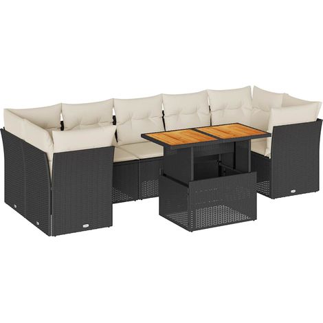 Salon de jardin 8 pcs Mobilier de jardin avec coussins noir résine tressée (1/5)