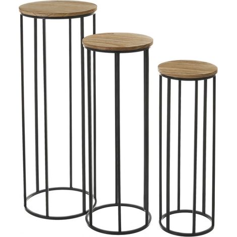 Set de 3 Sellettes Rondes en Métal Noir et Plateaux Bois (1/3)