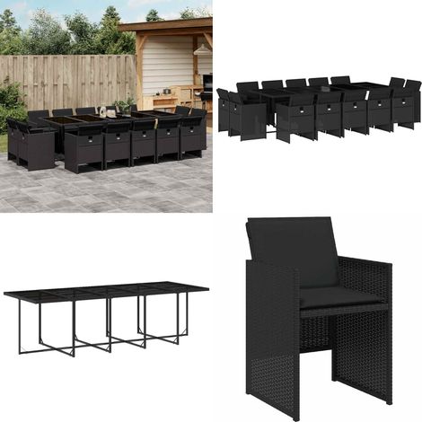 Set da Pranzo da Giardino 15 pz con Cuscini Nero in Polyrattan - Sedie da giardino - Tavolo da giardino
