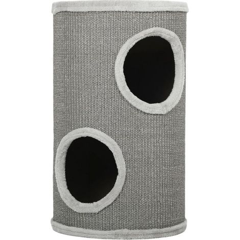 Griffoir en forme de tonneau, 60 cm de haut, Ø 35 cm, à deux étages avec 2 niches, bord en peluche, pour 1 à 2 chats jusqu'à 5 kg, gris clair (1/5)