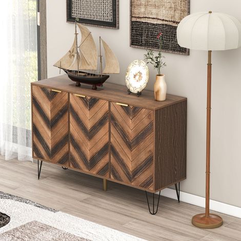 Sideboard mit 3 Türen und Einlegeböden, Goldfarbenen Griffen, Moderne Optik, aus Spanplatte, Natur, 120×38×76,5 cm (1/5)