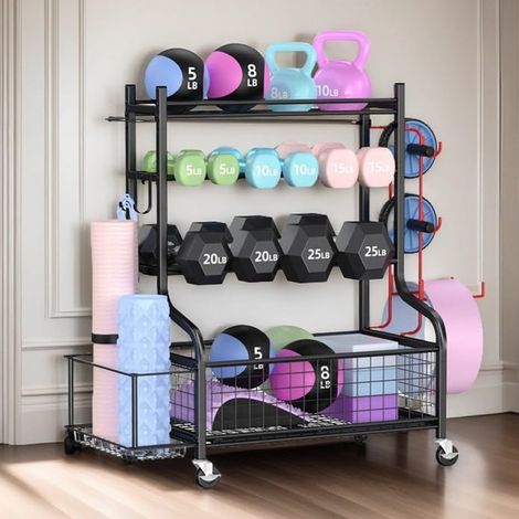 Chariot de rangement matériel de fitness 4 niveaux noir grain sablé sur roulettes, cadre métal robuste, pour haltères, kettlebells, tapis de yoga, home‑gym et salle de sport (1/5)
