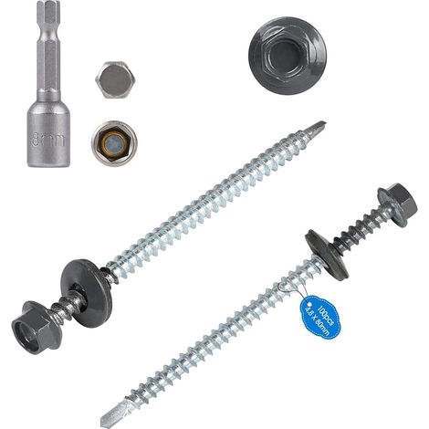 Lot de 100 Vis auto-perceuses en tôle M4,8x80 mm Tête hexagonale autoperceuse RAL 7016 Gris Vis autoperceuses peintes avec rondelles EPDM et clé à douille M8 Vis tole toiture pour plus fixatio (1/5)