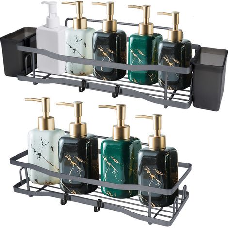 Étagère de Douche Sans Percage - 2 Niveaux, Grande Capacité avec Porte-Savon et Porte-Brosse à Dents, Gris (1/5)