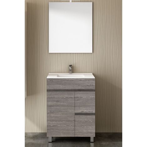 Conjunto de Baño Isquia 2 cajones y dos puertas - 7 colores distintos -15 medidas - incluye mueble, lavabo y espejo - Roble Smoky 60 x 45 cm (1/3)