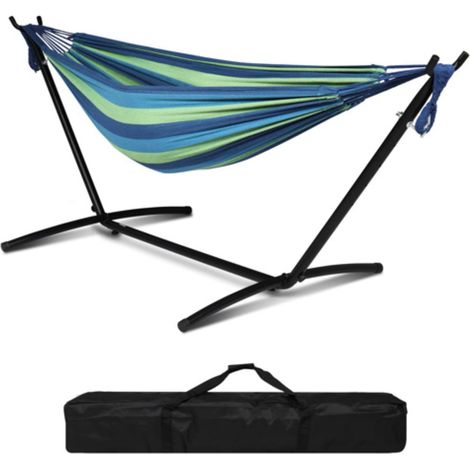 Hamac sur Pied, Capacité de Charge 250kg, Réglable en Hauteur, 305x109x104 cm, Support métallique - pour 1-2 Personnes (Bleu-Vert)