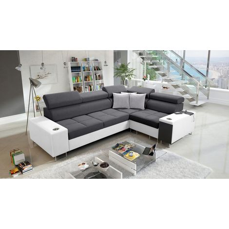 Elegantes Ecksofa mit Konsole und Ladegerät MORENA II Kunstleder/Sawana Weiß/Graphit Rechts (1/5)