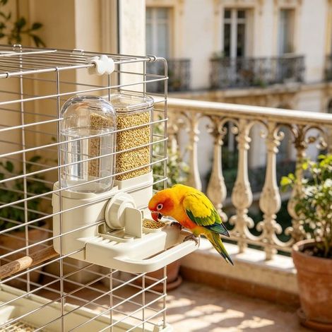 Bebedero y comedero automático 2 en 1 para pájaros - Beige (1/4)