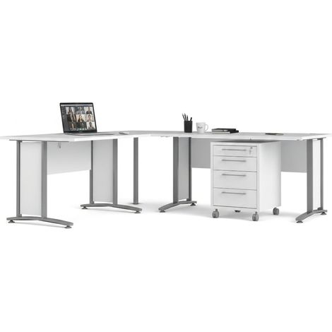 Dmora - Schreibtisch Myriam, Mehrzweckschreibtisch, Bürotisch für PC, Eckschreibtisch, 230x200 h75 cm, Weiß und Grau