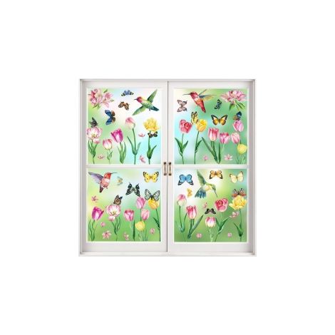 Ortviai – 9 Bögen Frühlings-Fensterbilder – selbstklebende Fensteraufkleber mit Blumen, Schmetterlingen und Kolibris – kompatibel mit Fenstern, Spiegeln und Glastüren (1/5)