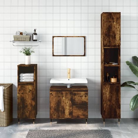 vidaXL Set Mobili da Bagno 3 pz Rovere Fumo in Legno Multistrato (1/5)