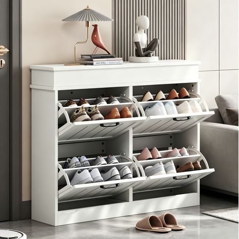 Mueble zapatero 4 abatibles, 105x24x83 cm, 8 estantes, con almacenaje, en MDF, blanco (1/5)
