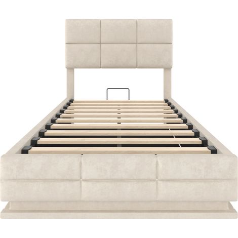 Letto contenitore 90x200 cm in velluto beige con LED, USB Type-C e testiera regolabile (1/5)