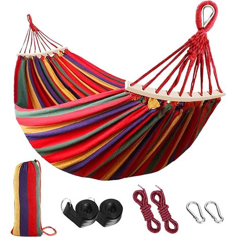 ZOLGINAH Hamaca doble de algodón para exteriores, 200 x 150 cm, grande con barra separadora, nudo de metal resistente, carga 300 kg para acampar, jardín, patio con bolsa de transporte, correas y cuerd (1/5)