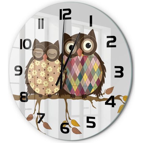 Horloge Murale Ronde Bureau en Verre Trempé Silencieuse Design Contemporain Deux hiboux sur une branche fi 60 cm (1/5)