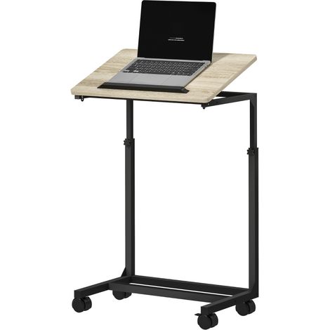 Mesa auxiliar en C regulable con ruedas, 55 x 36 x 62,5-82,5 cm, madera y metal (1/5)
