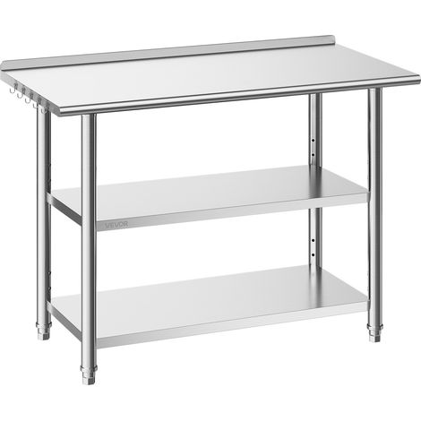 Table de Travail Cuisine Professionnelle, Table Centrale Inox 121,9x61x86,4 cm, pour Préparation CHR Café Hôtel Restaurant, Poste de Travail en Acier Inoxydable avec 2 Étagères et Dosseret (1/5)