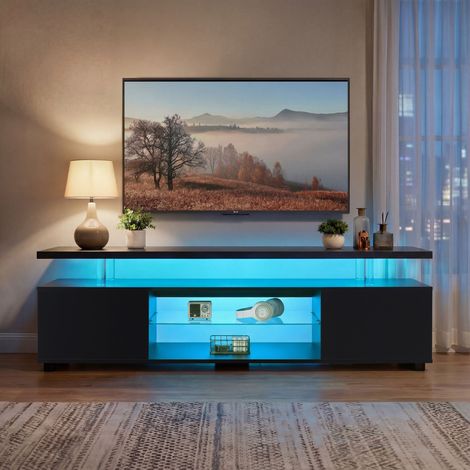 Meuble TV bas  130 x 40 x48 cm avec éclairage LED et 3 rangements et avec grand meuble latéral Pour salon Pour 60 pouces Noir
