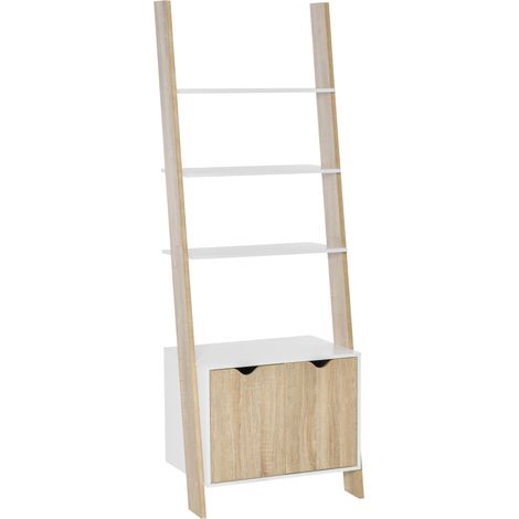 Libreria a forma di scala in legno con 3 ripiani e 1 armadietto contenitore, 60x40x171 cm, rovere e bianco.
