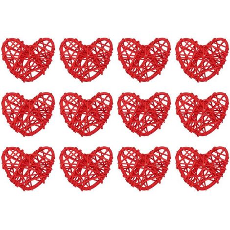 Achetez 12 boules décoratives en forme de carte, des vases en rotin en forme de cœur de 5 cm, du rembourrage naturel, adaptés aux mariages et à la décoration intérieure, rouges. (1/5)