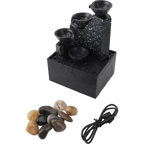 Fontaine de table décorative à eau en circuit fermé, alimentée par USB, avec pierres lumineuses LED, idéale pour le salon ou le bureau (noir encre). (1/5)