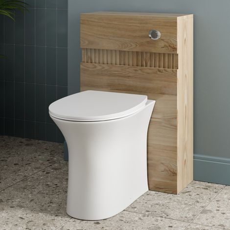 Bathroom Back To Wall BTW Toilet Unit Rimless Pan Seat Cistern Wood Fluted (1/5)
